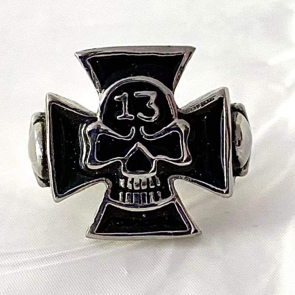 Biker "Iron Cross/Skull 13" Ring Stainless Steel/Black Size: 10